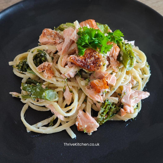 Salmon linguine in a creamy garlic and white wine sauce