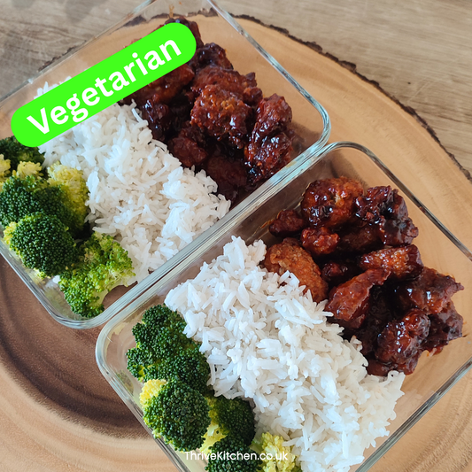 Sticky korean Quorn pieces. Rice and broccoli